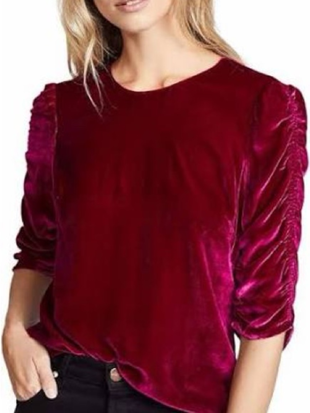 Rebecca Taylor Plush Velvet Ruched Puff-Sleeve Blouse - Magenta